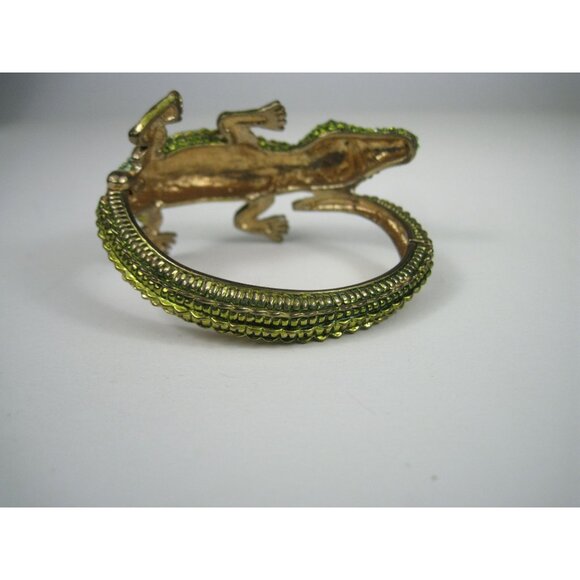 Gold Tone Crocodile Green Crystal Hinged Bangle Bracelet Sparkly Jewelry - Picture 9 of 12